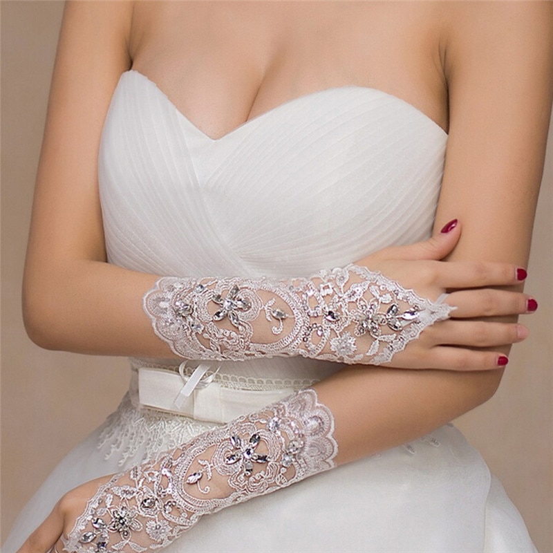 Guantes de boda blancos para novia, guantes cortos sin dedos, accesorios de boda con cuentas de encaje, de fábrica