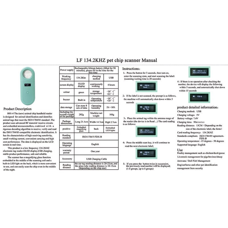 Pet Microchip Scanner Handheld Pet ID Reader Portable RFID Reader with LED and nifier Function for Dog Cat 134.2Khz