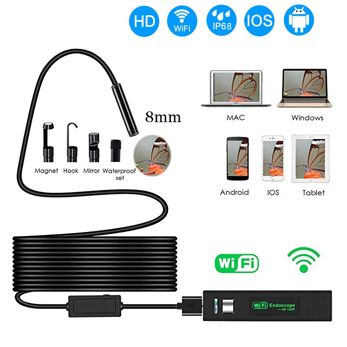 1200P HD Wifi Endoscope Camera USB IP68 Waterproof Borescope Soft cable Tube Wireless Video Inspection for Android/iOS: 1200P soft Cable / 10m