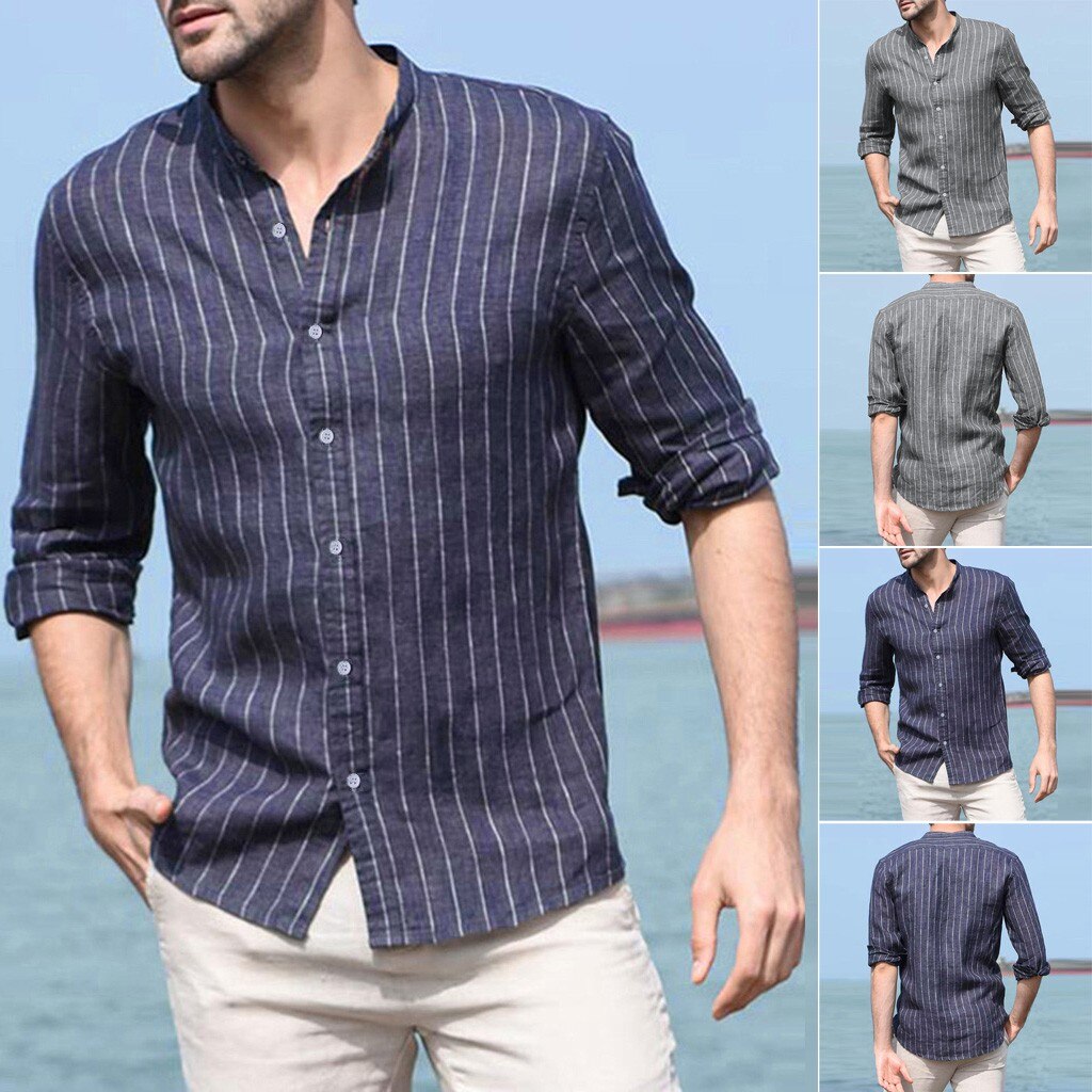 Men's Baggy Cotton Linen Striped Long Sleeve Button Retro Chemise Homme Manche Court Tops Blouse