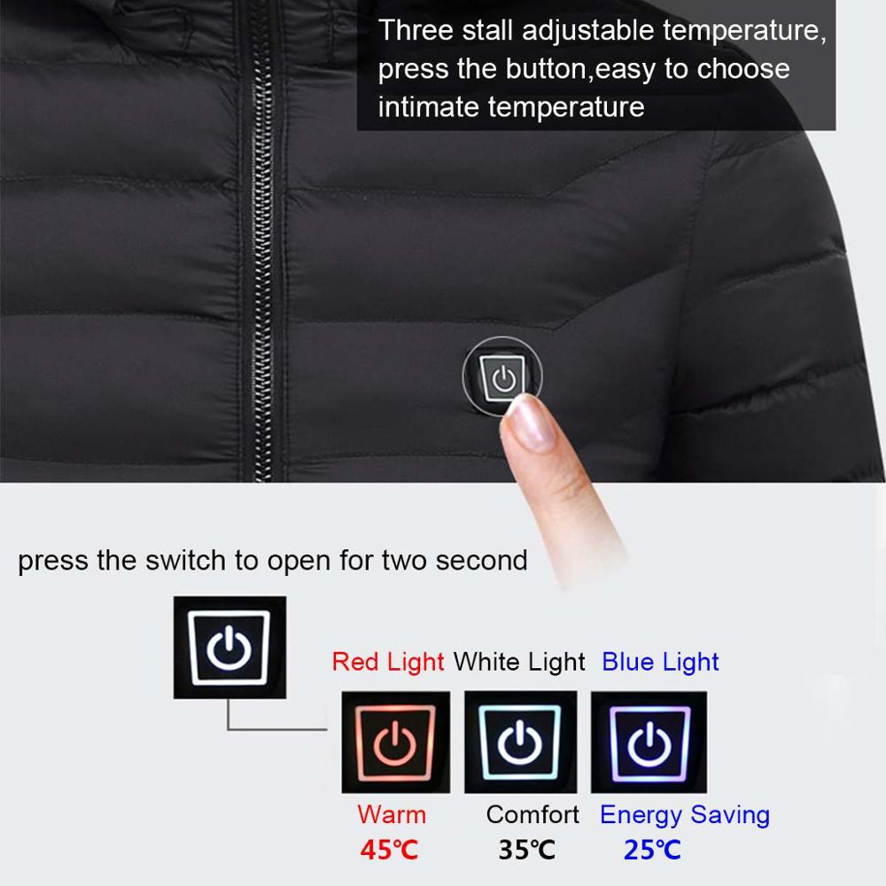 Casaco aquecido de inverno para homens e mulheres, jaqueta com bateria elétrica usb de manga comprida com capuz, roupa térmica de inverno quente para esqui