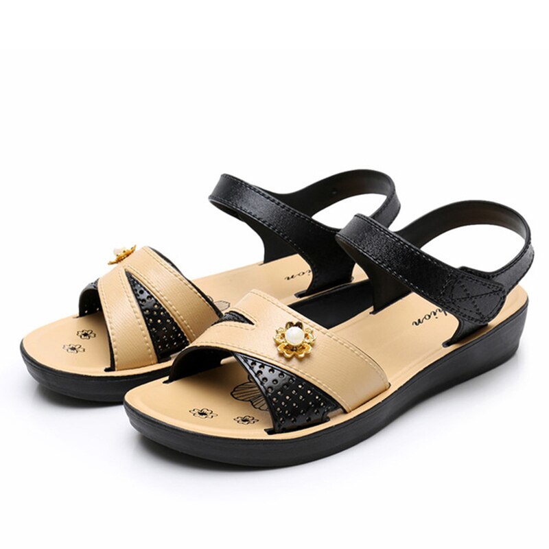 Women's Flats Sandals PU Leather Classic Hook Loop Shoes Woman Non Slip Soft Comfortable Ladies Sandals Summer Mother Footwear: Beige / 6