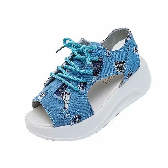 Strand sandaler kvinder denim hul platform sandaler flade afslappede studerende lærred sandaler til damer sandalier a -78: 2 / 5