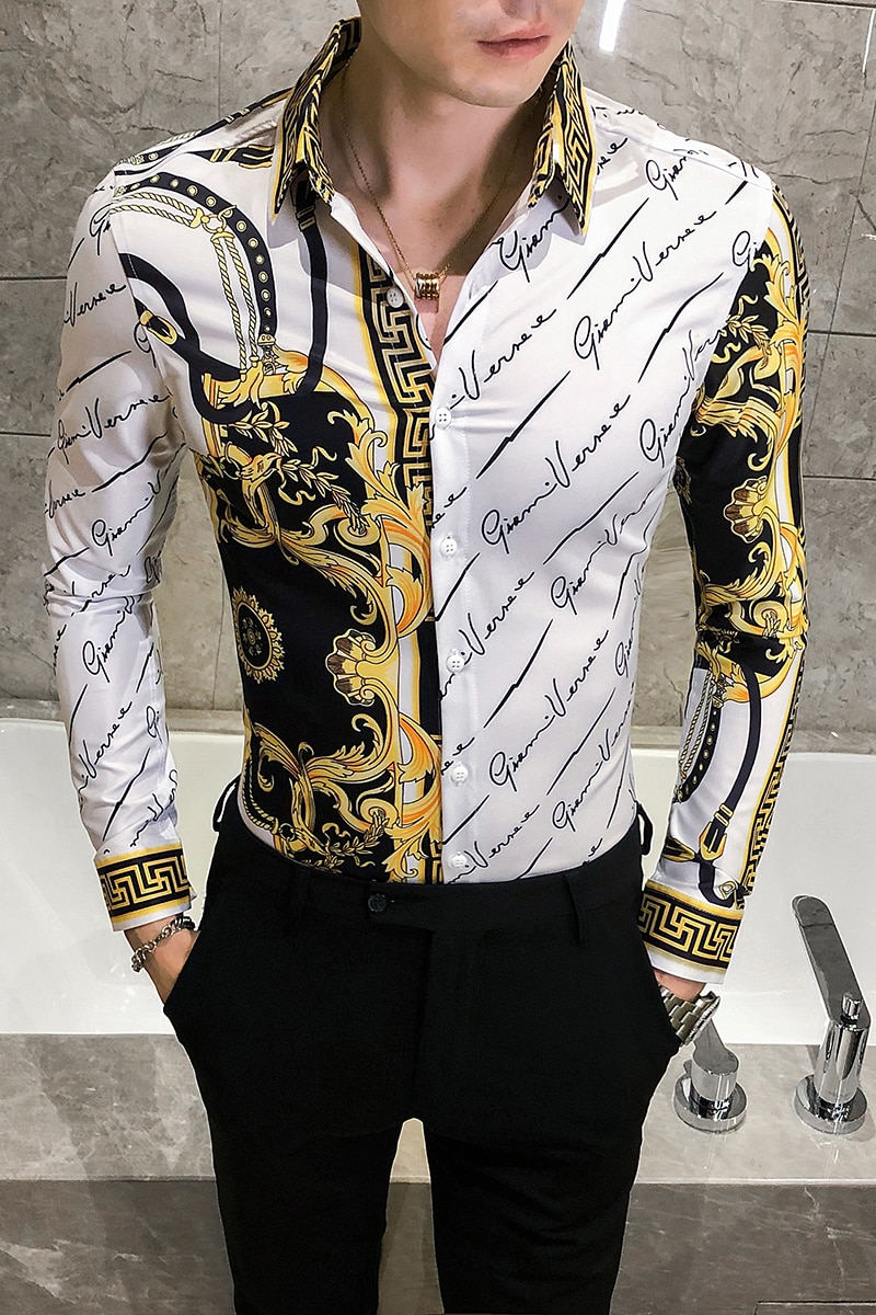 Mann svarte skjorter luksus herre hvit slank passe kjole skjorte langermet årgang printd sosial skjorte uformelt chemise homme