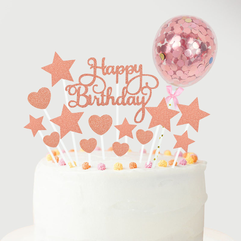 1 sæt tillykke med fødselsdagen kage topper rosa guld sølv stjerne ballon kage topper til voksne børn fødselsdagsfest dessert diy dekorationer: A01