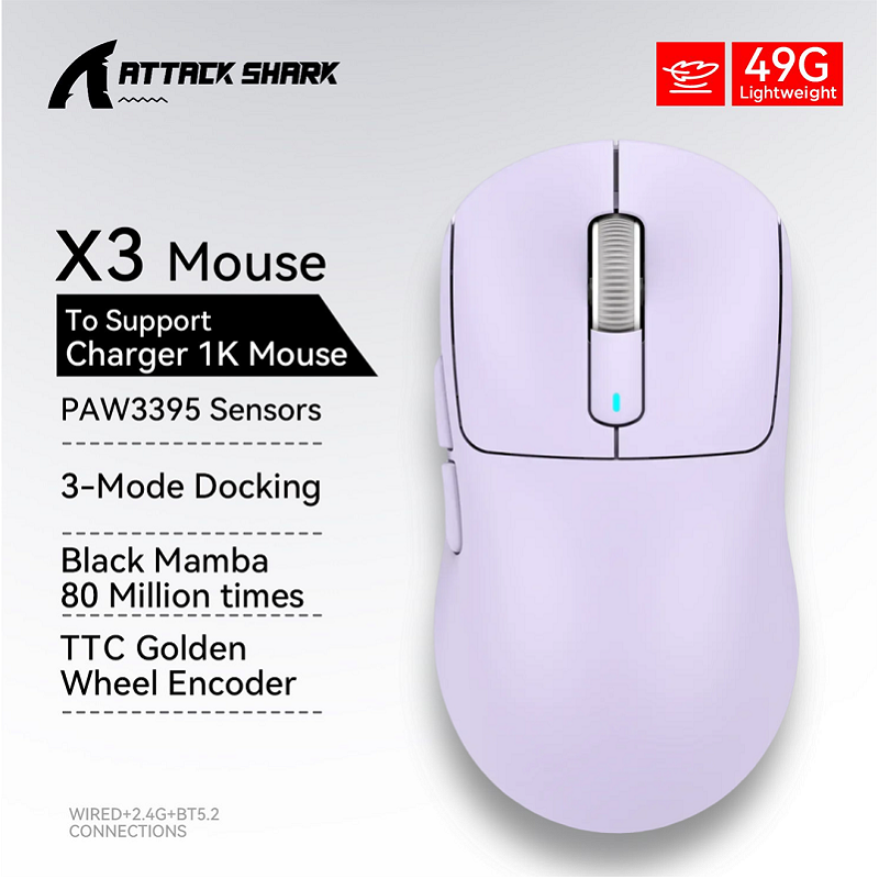 Bezprzewodowa mysz Attack Shark X3pro X3, mysz do gier makro, lekka mysz, PixArt PAW3395 650IPS 26000 dpi, mysz do padu/pc/mac