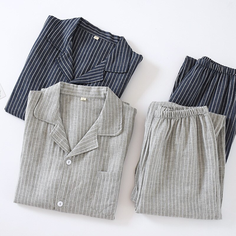 Men Vertical Striped Sleepwear Long Sleeve Gauze Mens Pajamas Plus Size Simple Cotton Nightwear 2 Piece Lounge Set Home Clothes