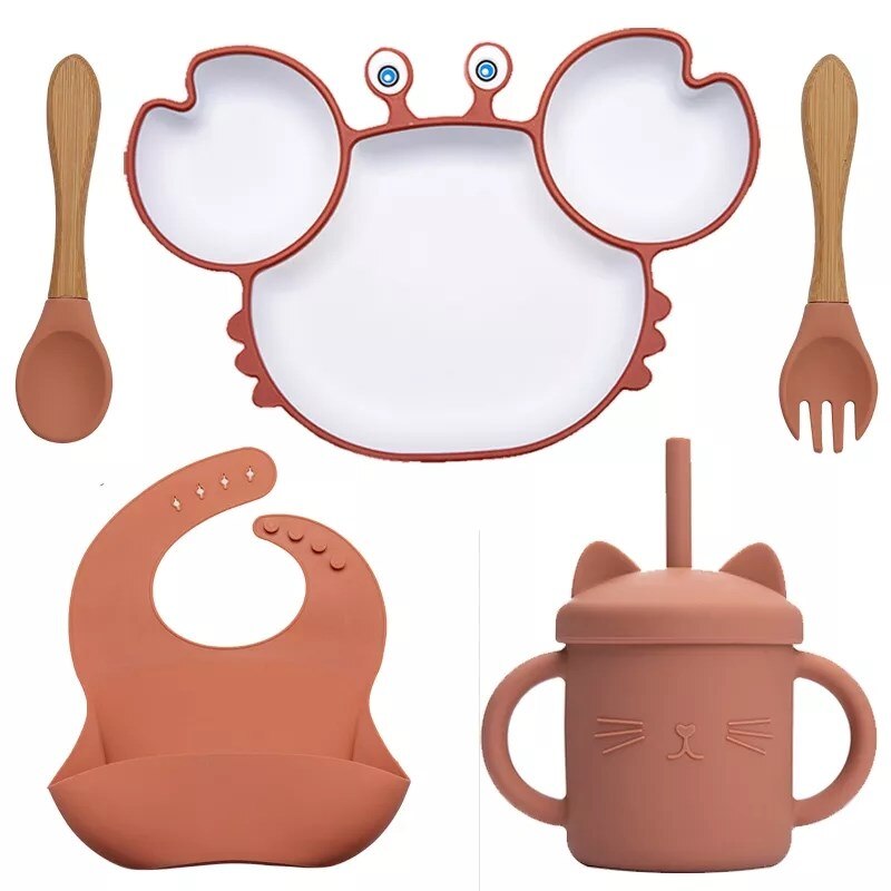Silicone Feeding DishPlate Set for Baby Crab Shape Divider Tableware BPA Free Non-Slip Children Dishes Kitchenware Kids Stuff: Set 12
