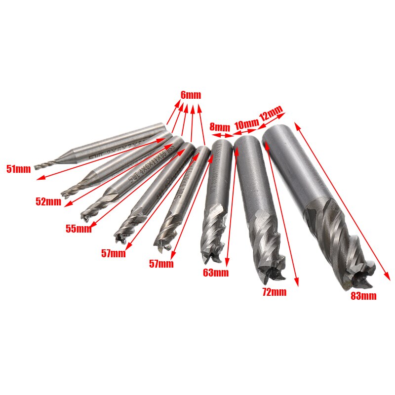 8Pcs Hss Carbide Rechte Schacht Frees Kit Set 4 Fluit Frees Cnc Cutter Boor Tool 2/3/4/5/6/8/10/12Mm