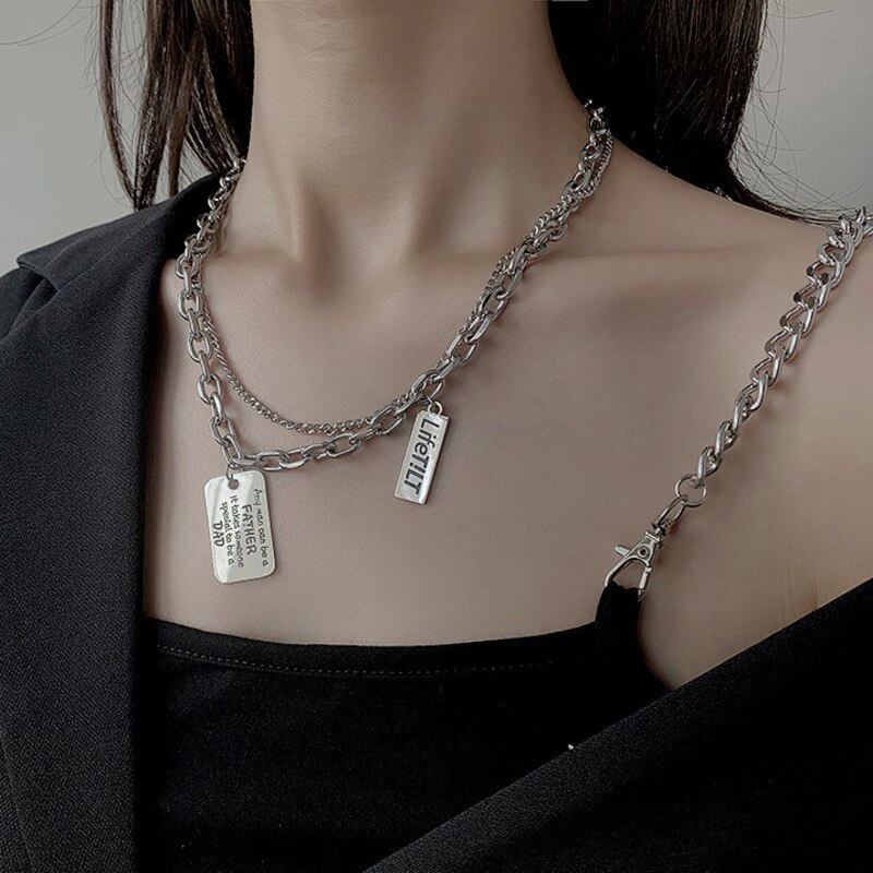 XUXI-collares de acero inoxidable para mujer, simples, letras, colgantes, Hip-hop, doble capa, clavícula, suéter, cadena, S037