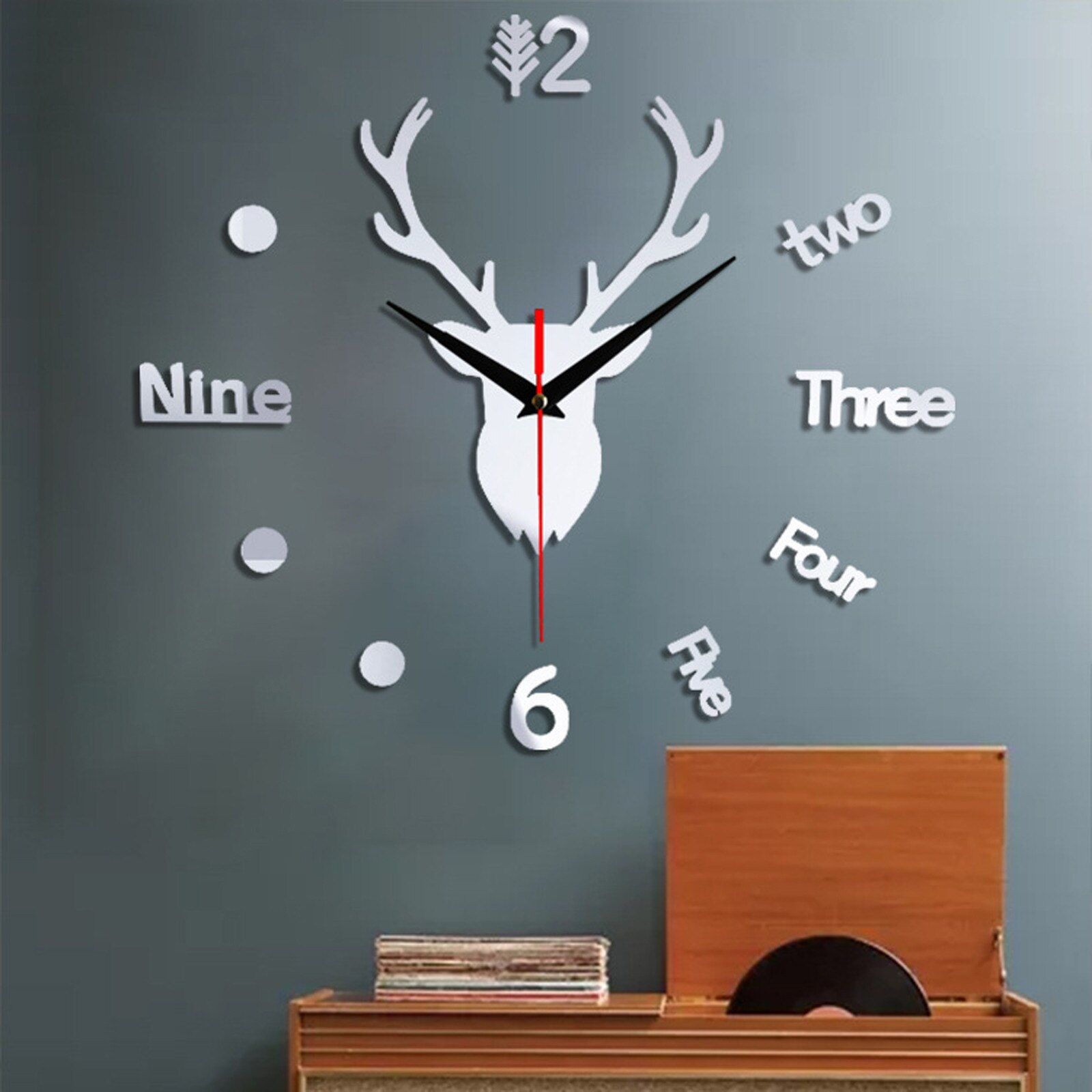 3d Wall Clock Mirror Wall Stickers Deer Head Diy Large Wall Clock Quartz Watch Art Decal Sticker Living Home Decor: E