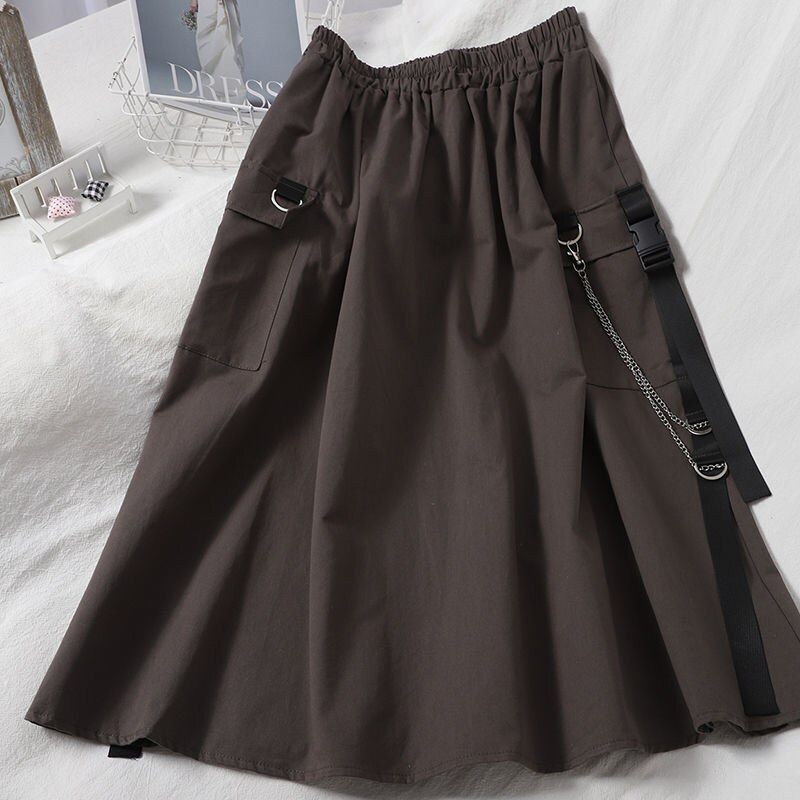 Falda larga de cintura alta para mujer, falda negra con bolsillos laterales y cadena, estilo coreano, ropa informal estilo Hip Hop Harajuku de talla grande: Gris oscuro