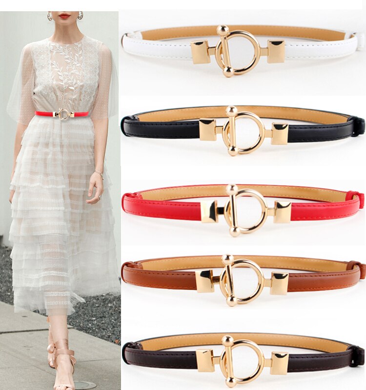 Cinturones de negro para mujer, cinturones finos ajustables de cuero de PU para mujer, círculo dorado con hebilla de aleación, vestido ceñido en la cintura cinturón de mujer