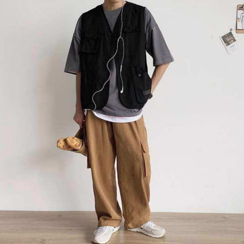 Kamizelki męskie kieszenie płaszcze bez rękawów kamizelki wypoczynek szyk codzienne znosić mężczyzna styl safari dla obu płci pary BF nastolatki Harajuku kamizelka