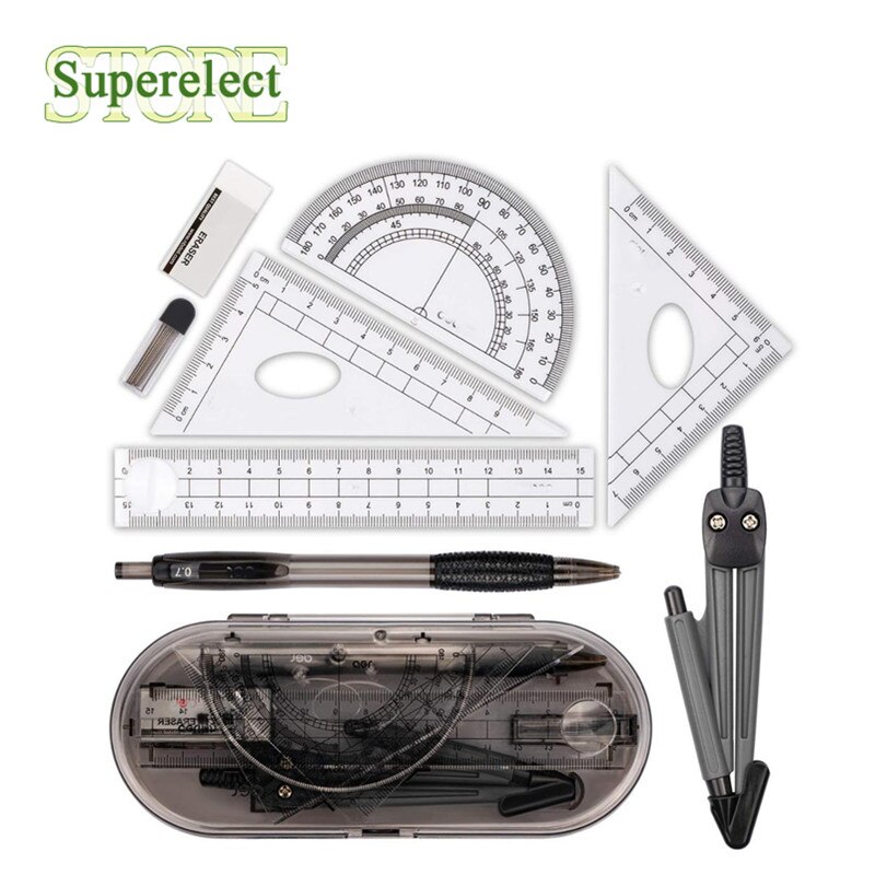 Math Geometry Kit Set 8PCS Student Supplies With Shatterproof Storage Box For Engineering Drawing Compass Protractor Ruler