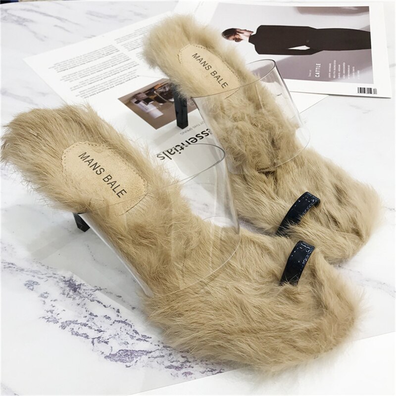 Chinelos peludos, chinelos, sandálias, plástico transparente, com dedos dos pés abertos, sapatos de salto alto de pele de coelho, sapatos de estilete