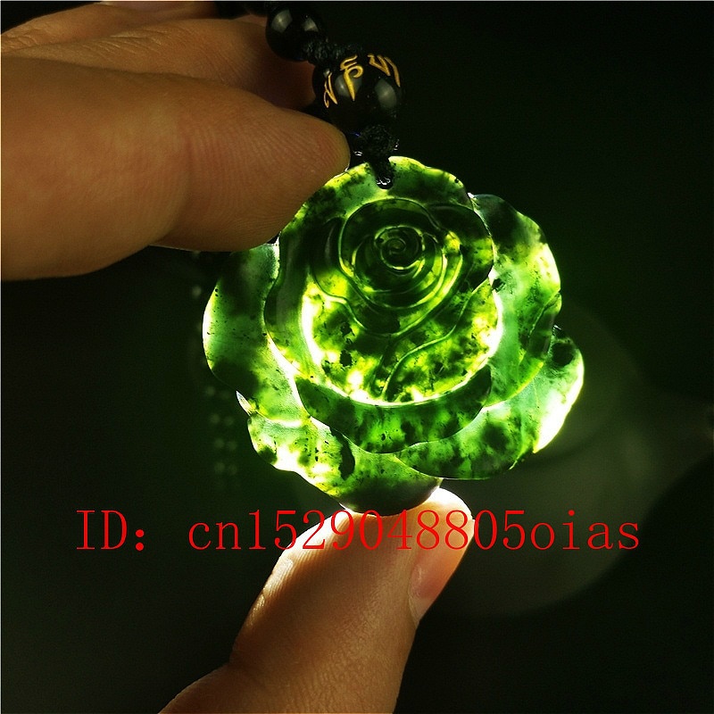 Gecertificeerde Chinese Natuurlijke Zwart Groen Jade Rose Hanger Ketting Obsidiaan Charm Sieraden Accessoires Gesneden Amulet