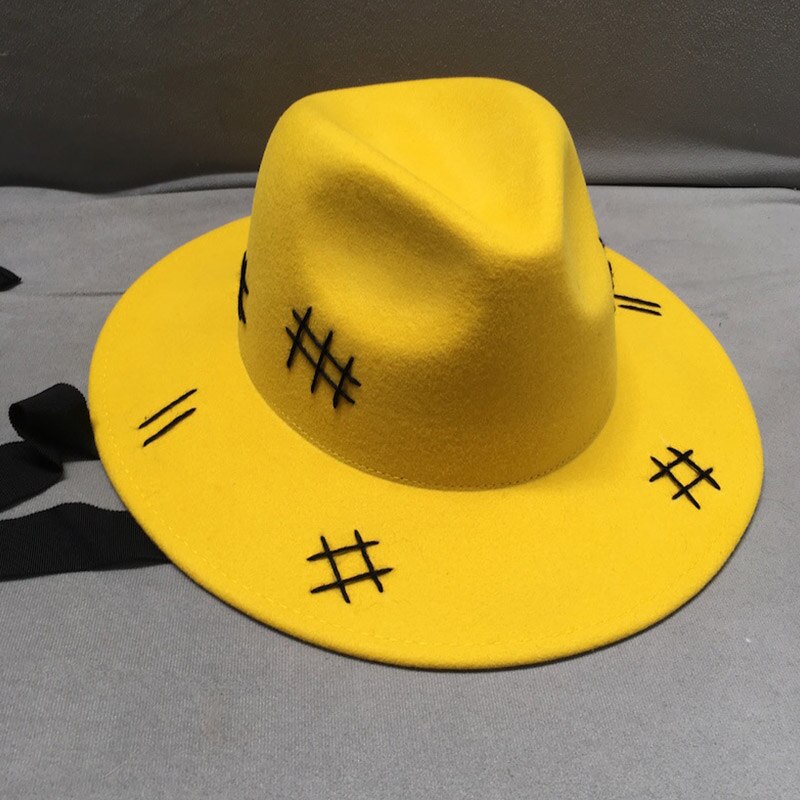Mode Gele Wol Vilten Hoed Brede Rand Casual Black Lace Up Herfst Winter Zonnehoed Mannen Vrouwen Vilt Porkpie jazz Fedora Hoed: Default Title