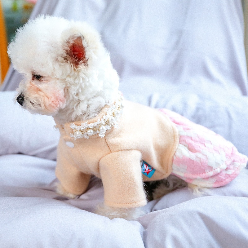 PETCIRCLE Dog Puppy Clothes Pink Plaid Flower Woolen Dress Pet Cat Fit Small Dog All season Pet Cute Costume Dog Cloth Dog Skirt