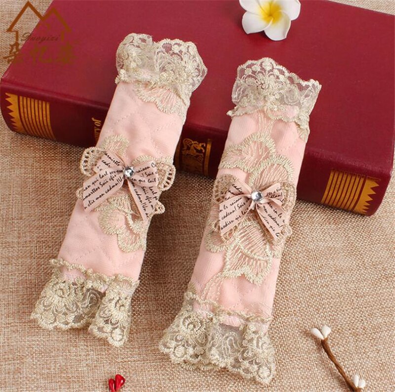 Cubierta de manija de encaje, cubierta de perilla de puerta, guantes de algodón para refrigerador, accesorios de herramientas para el hogar, cubierta de manija de puerta de nevera de doble puerta: Pink short