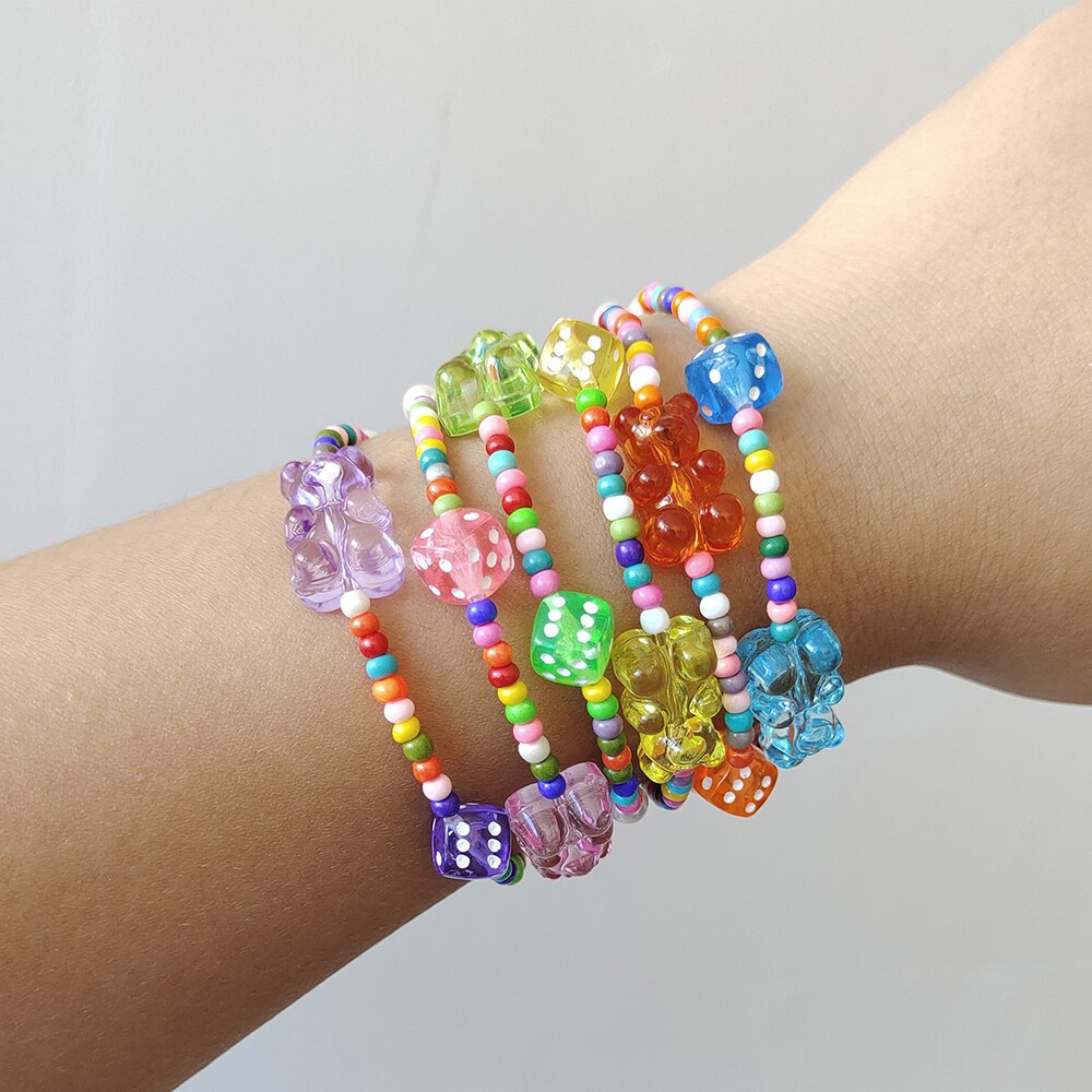 ZX-pulsera con cuentas de resina transparente para mujer, brazalete con cuentas de oso de goma, colorido, étnico, bohemio, , joyería INS
