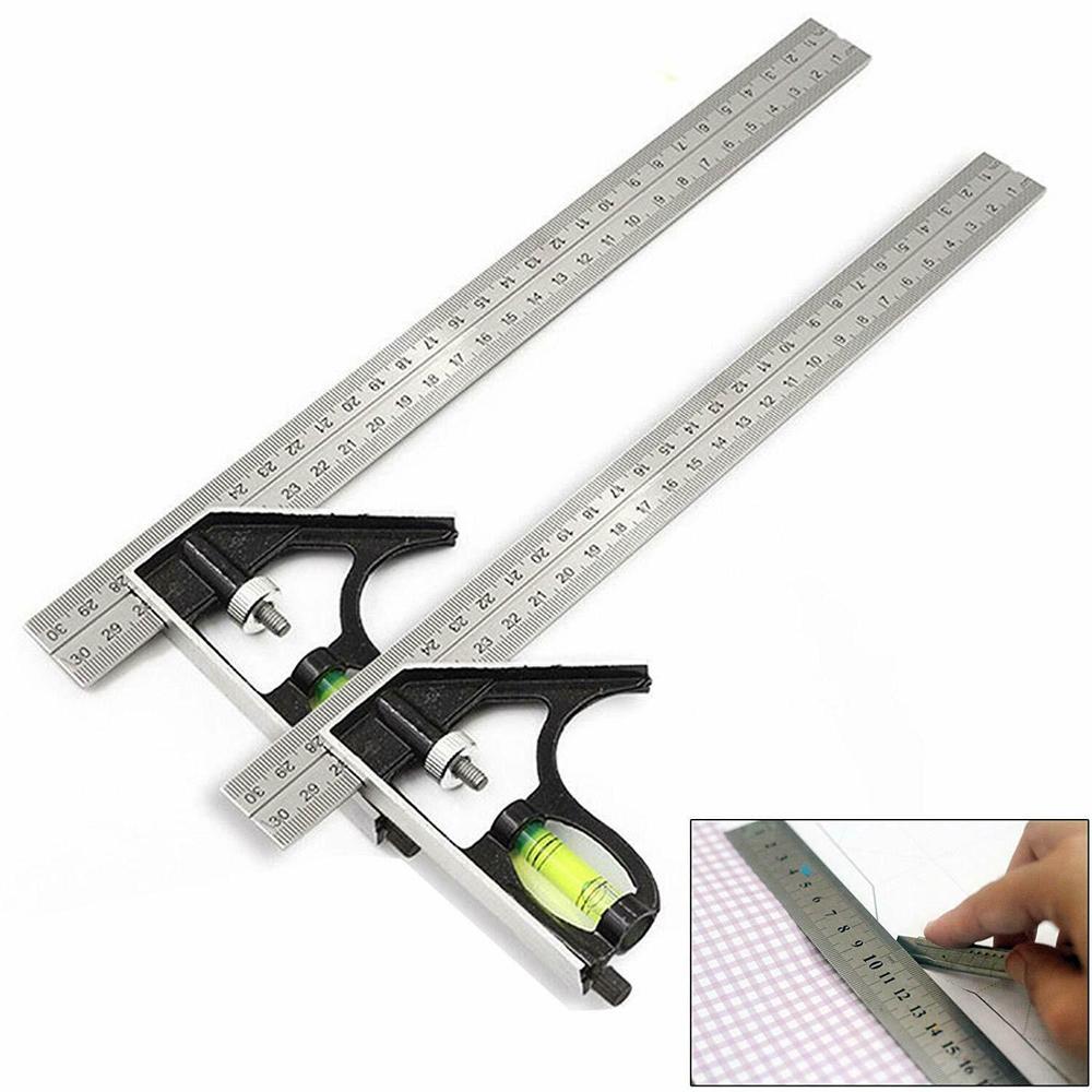 Square Ruler Set Kit 300mm (12") Adjustable Engineers Combination Try None Right Angle Ruler with Spirit Level and Scriber