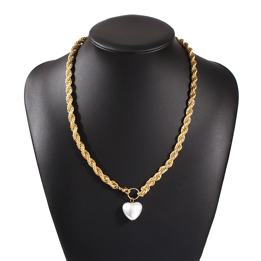 KMVEXO Trend Hip hop Gold Plated Thick Chain Metal Ball Long Chain Clavicle Necklace for Men Women Girls Party Jewelry: heart pearl