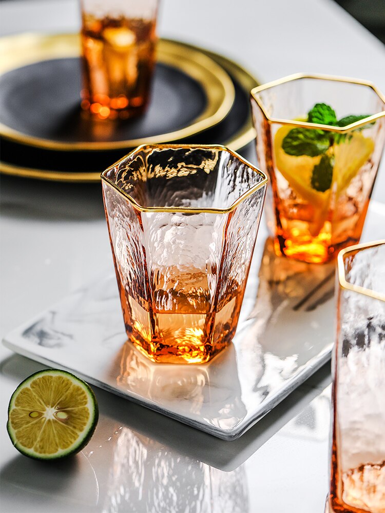 Japan Orange Color Wine Glass Geometric Hexagonal Champagne Goblet Tequila Whiskey Wine Glasses Home Barware
