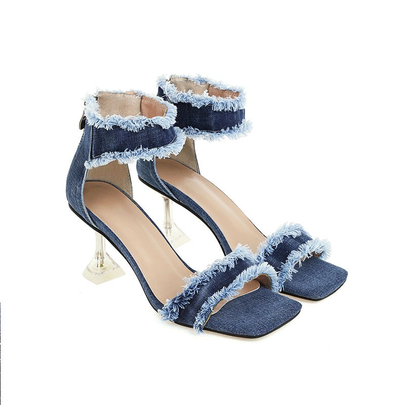 Sgesvit-Sandalias vaqueras con flecos para mujer, zapatos clásicos de Punta abierta, de verano, con tacón alto, color azul,
