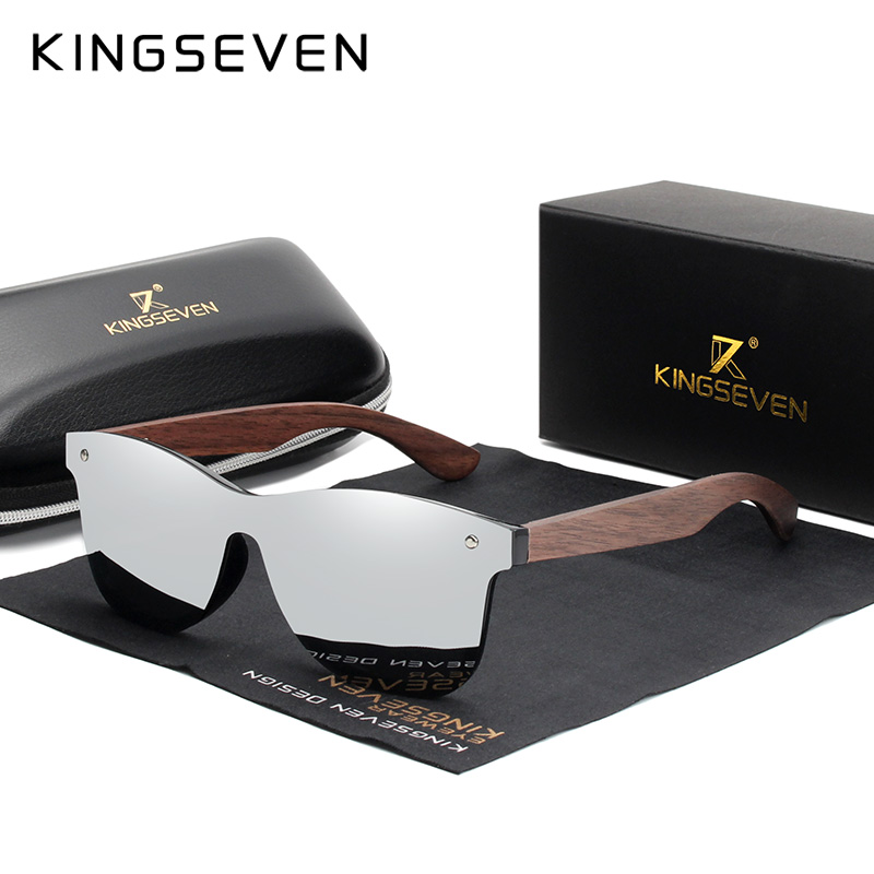 KINGSEVEN Luxury Walnut Wood Sunglasses Polarized Wooden Brand Rimless Mirrored Square Sun Glasses For Women/Men: Silver walnut wood / With Leather Case