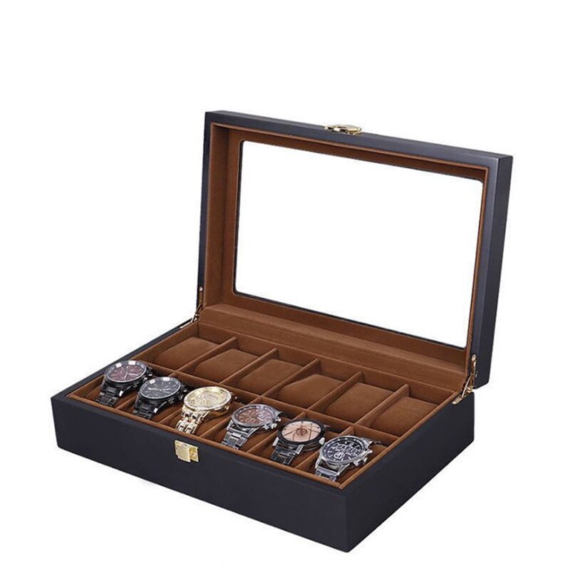 6/10/12 Slots Houten Horloge Box Organizer Zwart Horloge Box Case Met Glazen Venster Heren Horloge Houder horloge Collectie Box