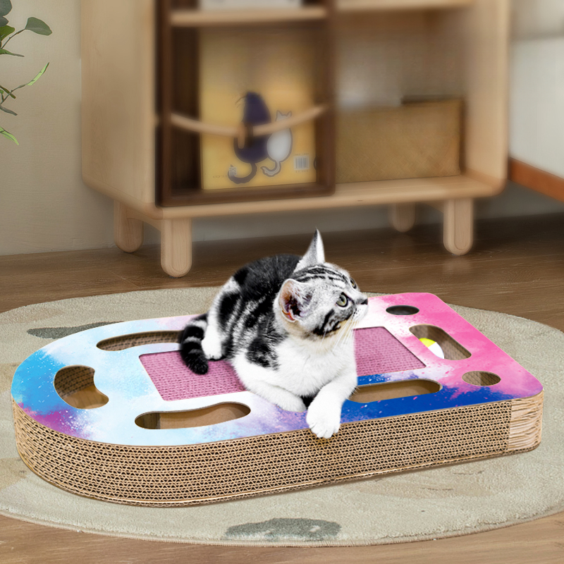 Rascador de papel de cartón corrugado para mascotas, juguete rascador para gatos con bolas de campana, almohadilla para rascar