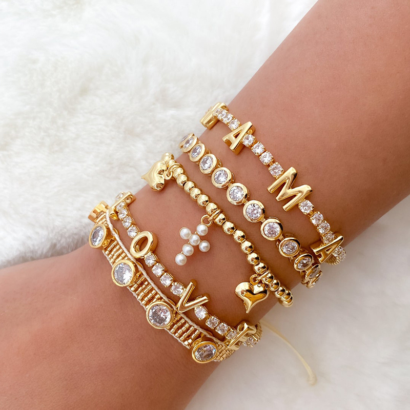 Max Jewel Love Mama Heart Cross Star Charm Bracelet with Lobster Shiny Bling ,18K Gold Plated Jewelry, for Her Party Bar