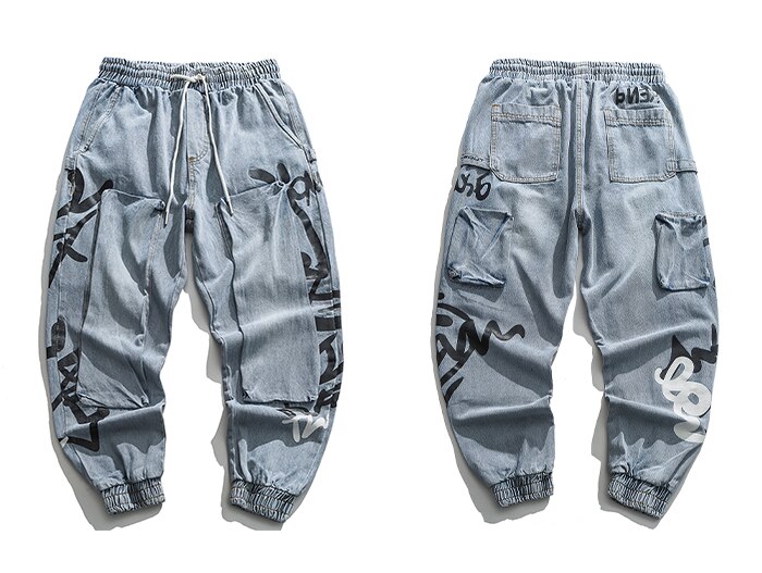 Aelfric eden patchwork print denim jeans joggers menn bukser streetwear harajuku elastisk midje bukse mann hip hop løs: Xl