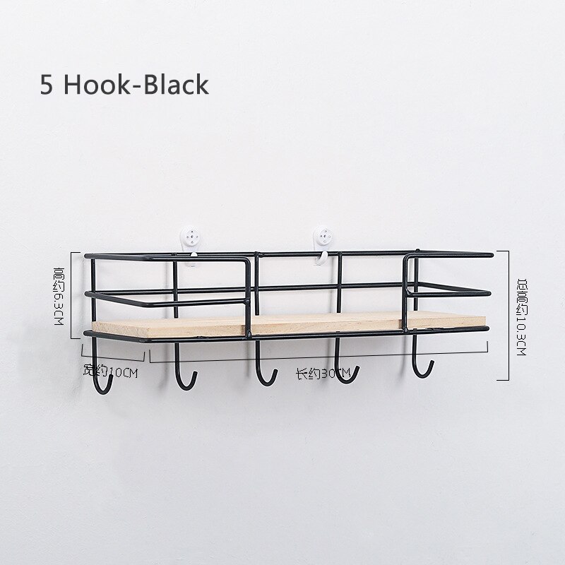 Estante de pared de Metal con ganchos estante de pared para almacenar en madera estante de almacenamiento artesanal de hierro soporte de decoración de pared estantes de pared decorativos: 5 Hooks / Black