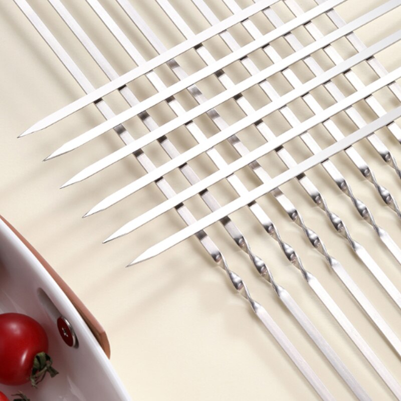 50pcs Reusable BBQ Skewers Barbecue Stainless Steel Skewers BBQ Skewers Camping Flat Forks Gadgets Kitchen Accessories Tools