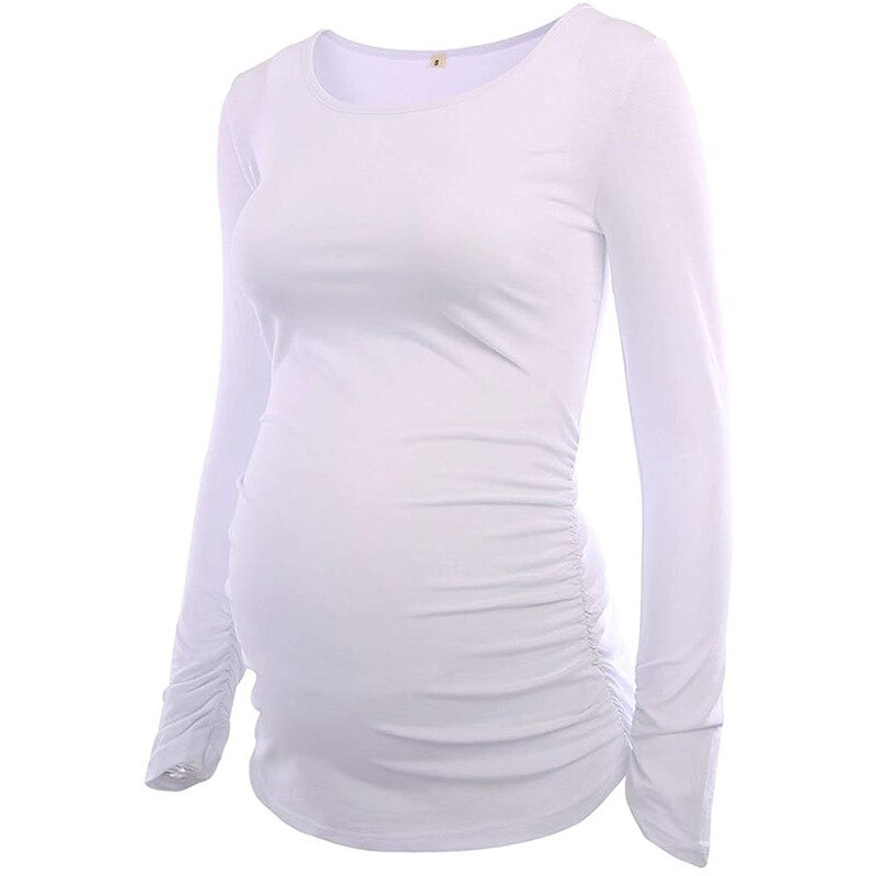 Kvinders barsel tunika toppe mama tøj flatterende side rynket langærmet scoop hals graviditet t-shirt: Hvid / Xl