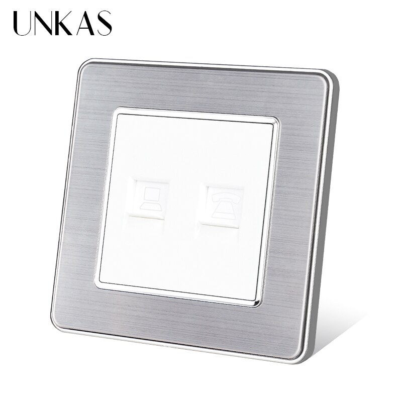 UNKAS Luxury Stainless Steel Panel RJ11 Telephone Jack With Rj45 Internet Computer Port Wall Socket 86MM * 86MM Outlet