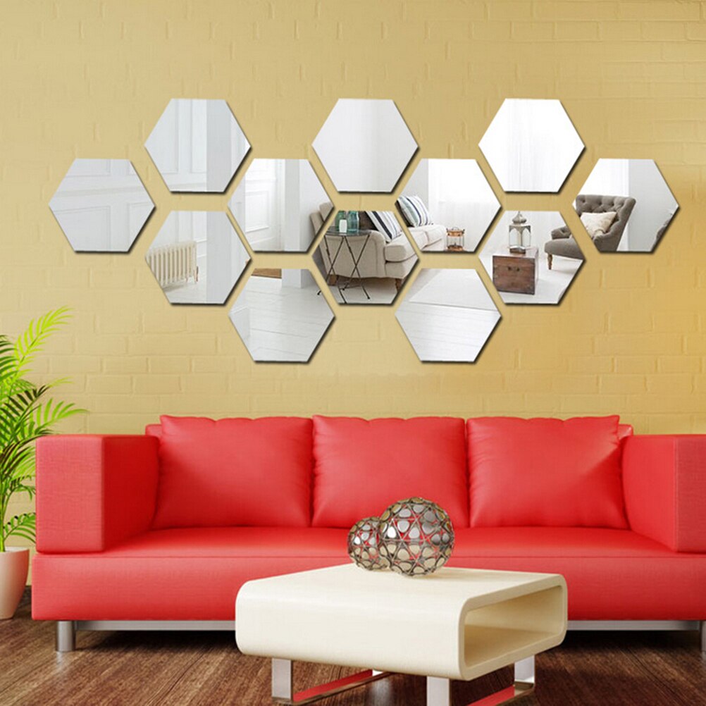 12 stuks/partij 3d spiegel muurstickers hexagon diy huisdecoratie spiegel decoratie stickers kunst muurdecoratie stickers goud zilver: Zilver / 46 40 23mm