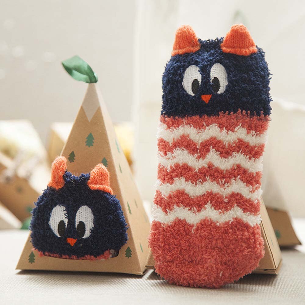 Bonito dos desenhos animados meias curtas primavera e inverno crianças bebê meias quentes adorável presente anti-skid chão menina menino boxed meia coral veludo: Owl