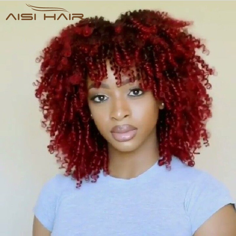 Nnzes Rode Synthetische Pruiken Afro Kinky Krullend Pruik Gemengde Zwarte En Rode Pruik Met Pony Korte Synthetische Pruiken Voor Zwarte vrouwen