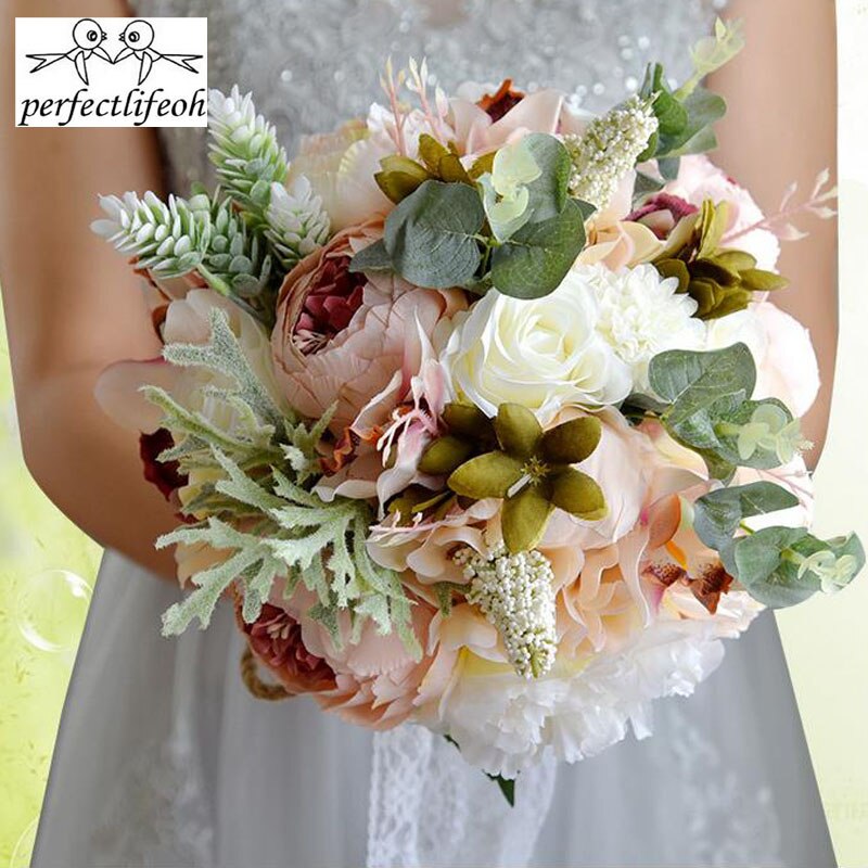 Perfectlifeoh bryllupsblomster landstil kunstige bryllupsbuketter til brude casamen blonder bryllupsblomster broche buketter