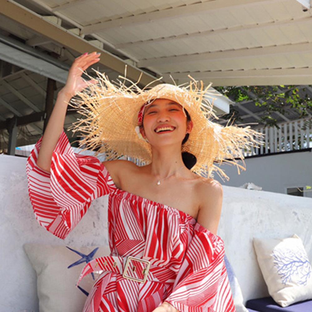Sombreros de paja hechos a mano nuevos para mujer, sombreros de paja para el sol de gran , rafia Natural Panama, sombreros de paja para el sol para las vacaciones #060