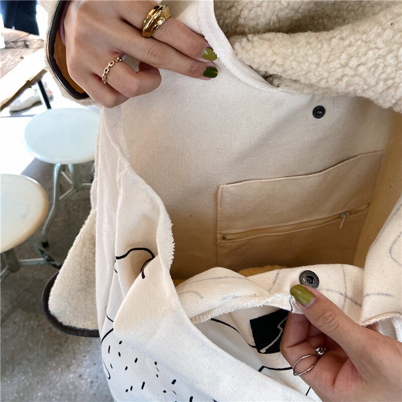 Koreanische einfache illustrationen, große schultertasche für damen, einkaufstasche aus umweltfreundlichem Segeltuch, baumwollstoff, große einkaufstasche für reisen