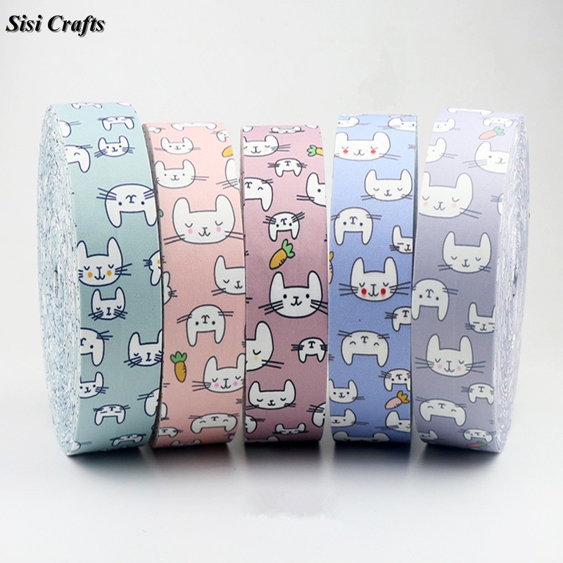 Sisi Crafts 10 25 50mm Rabbit Ribbon Animal Printed Cotton Fabric Bias DIY Garment Hair Bow Tie Collar Handmade Accessory Trim