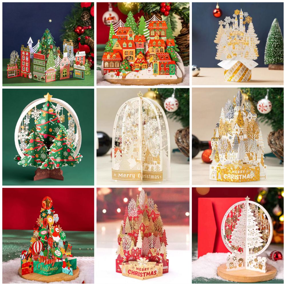 Papirjulekort 3d med konvolutt, håndverk, Gud jul-velsignelseskort, forgylt pop-opp-papirutskjæringspostkort