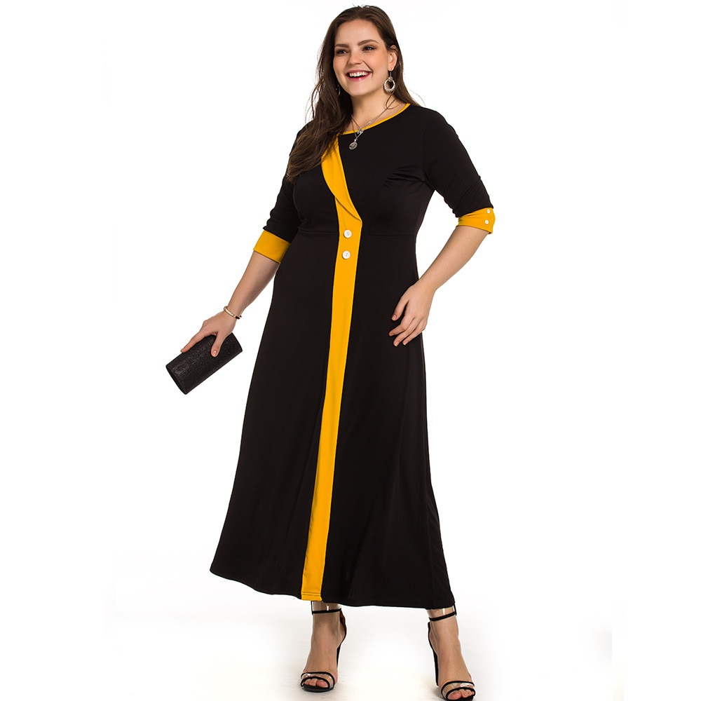 Plus size dame kontorkjole kvinder sommer kontrast multicolor festkjoler sort maxi lang kjole