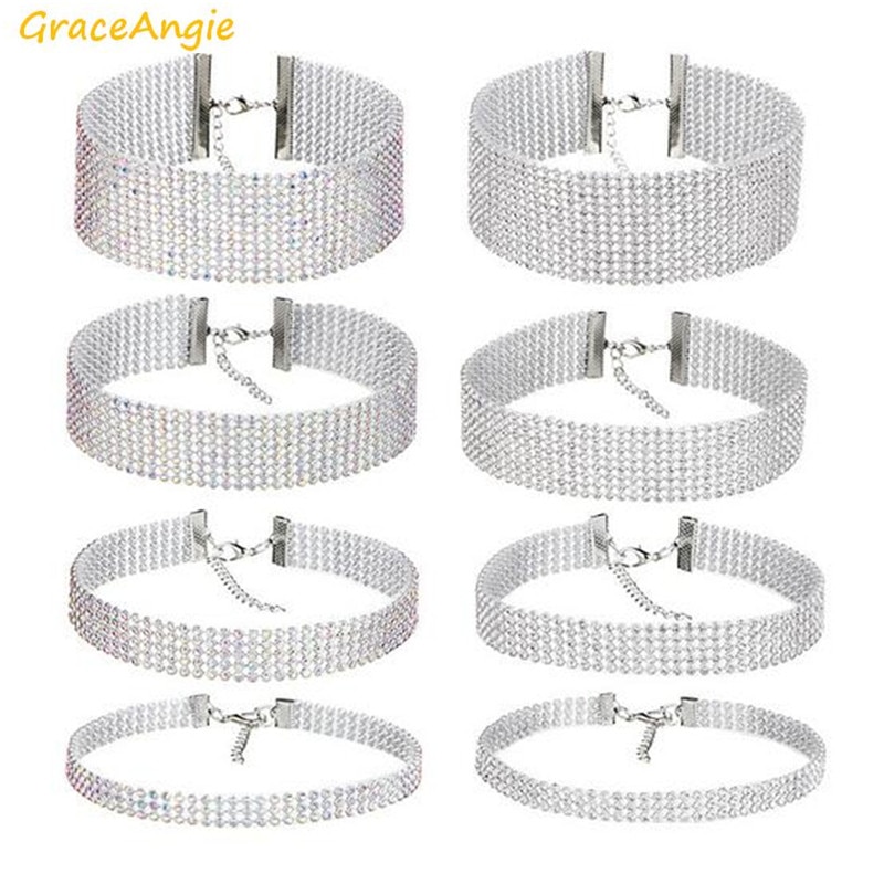 Graceangie 1 Pc Shiny Rhinestone Transparante Kleurrijke Optioneel Zilver Kleur Alloy Chain Choker Ketting Vrouwen Party Accessoires