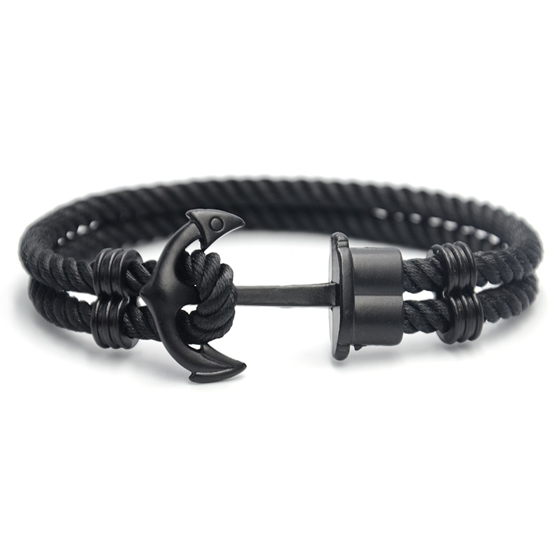 Mannen Anker Armband Phrep Gemaakt Van Leer In Zwart Und Anker In Ip Zwart: black nylon rope