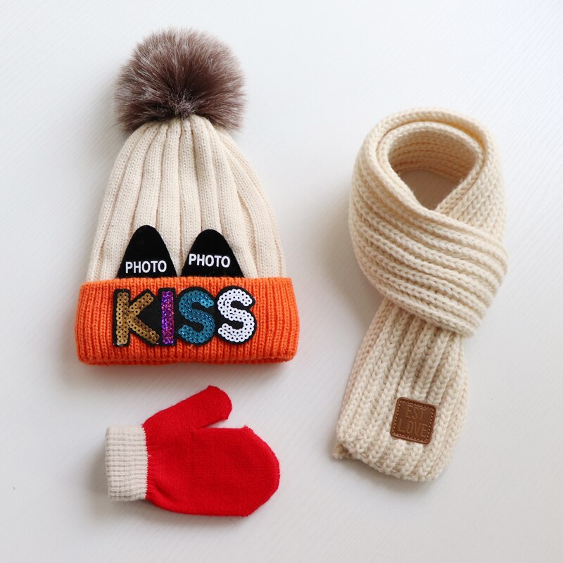 Baby hat scarf gloves three - piece set Autumn winter children's hat scarf Thick woolen hats for boys and girls Cute woollen hat: white orange   white